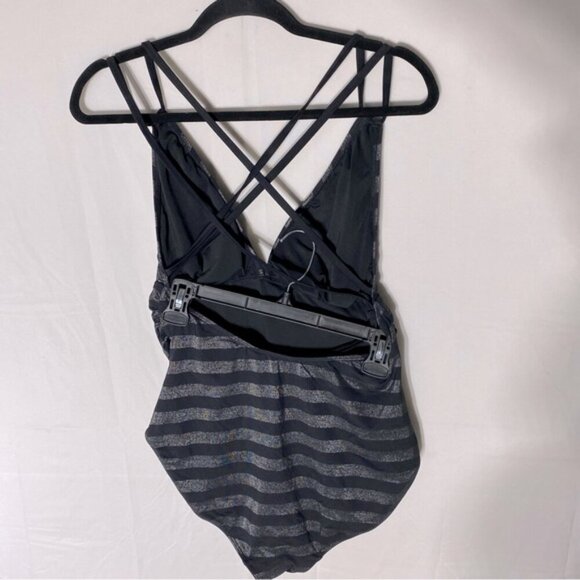 Women’s Black & Metallic Grey Striped One Piece Bathing Suit Swimsuit XL - Picture 2 of 14